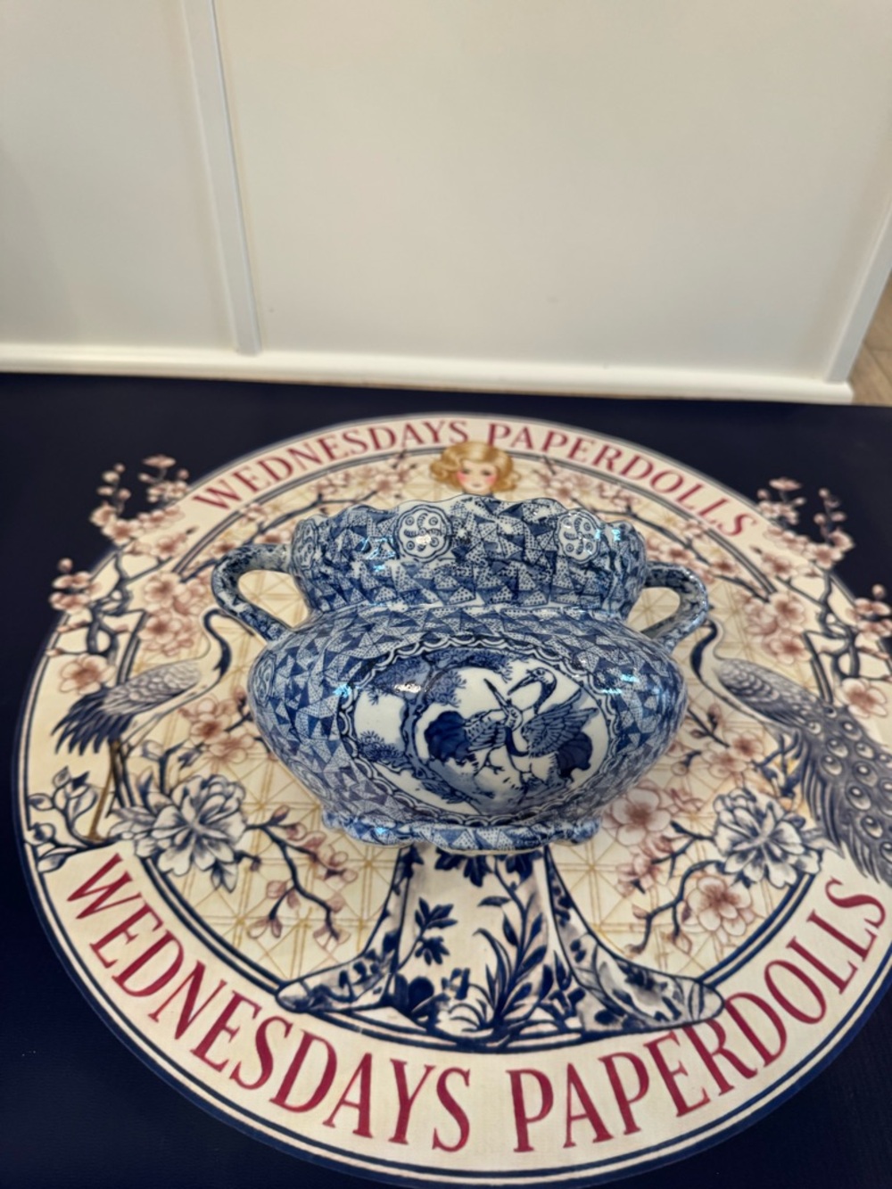 Vintage Blue & White Chinese Handled Jardinière Planter – Crane & Floral Motif